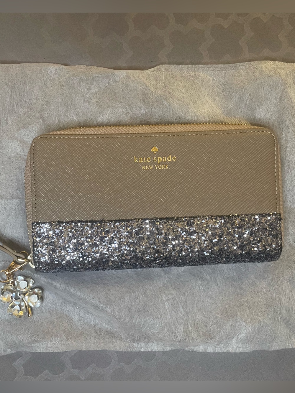 kate spade Taupe Wallet with Silver Glitter Trim and Crystal Charm